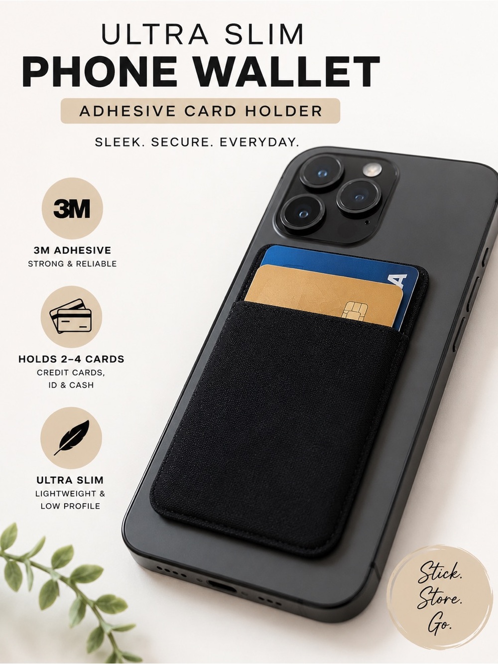 Ultra Slim Adhesive Phone Card Holder Wallet | 3M Stick-On Back | Black